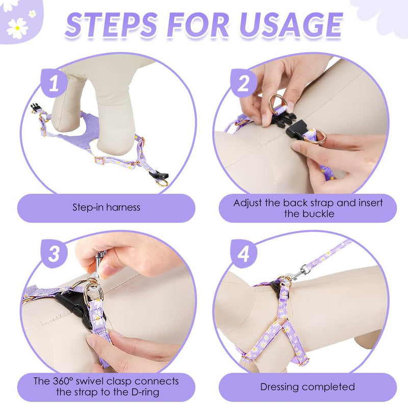 SlowTon No Pull Dog Harness with Leash - Soft Lightweight Floral Pattern Puppy Harness, Adjustable Pet Harness for Small Medium Dogs Doggie (Purple S) Small(9-17.5lb) Purple - BeesActive Australia