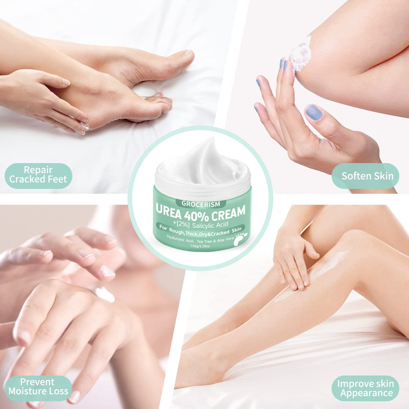 Grocerism Urea Cream 40 Percent For Feet Plus 2% Salicylic Acid 5.29 oz || Foot Cream and Hand Cream Maximum Strength with Hyaluronic Acid,Tea Tree,and Aloe Vera For Deep Moisturizes,Callus Remover 5.29 Ounce (Pack of 1) 40%