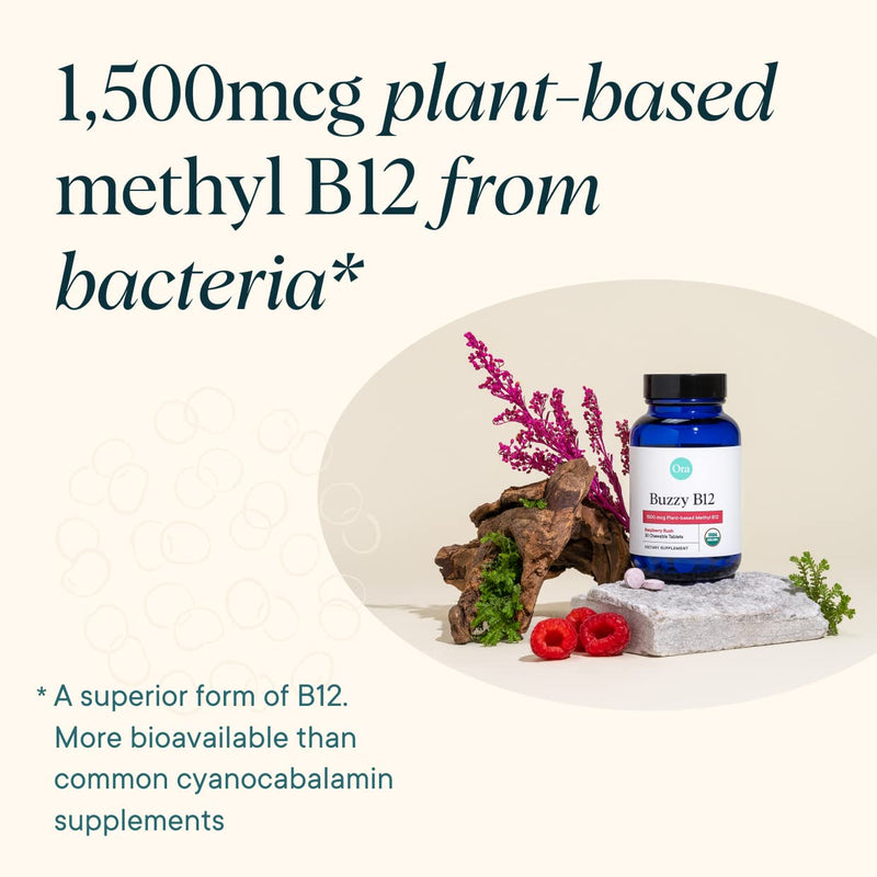 Ora Organic Vitamin B12 1500mcg - Plant-Based methylcobalamin for Adults - Natural Stimulant-Free Energy, Raspberry Flavor chewable Tablets, no Added Sugar - 30 Tablets (Pack of 2) 30 Count (Pack of 2)