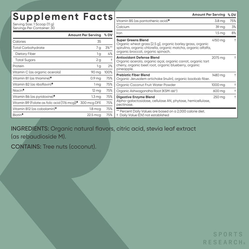 Sports Research® Organic Greens Superfood Powder, 11.6oz Pineapple Coconut | Superfood Powder w/ Spirulina, Adaptogens, Probiotics & 8 B Vitamins | Gut & Mood Support | Vegan, Sugar-Free & Low-Cal 11.64 Ounce (Pack of 1)