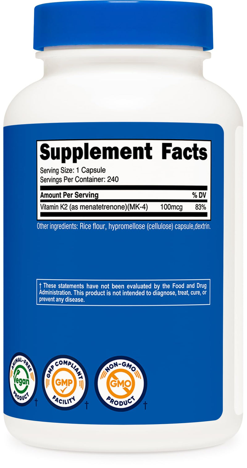 Nutricost Vitamin K2 (MK4) 240 Capsules (100mcg) - Gluten Free and Non-GMO (Pack of 3) 240 Count (Pack of 3)