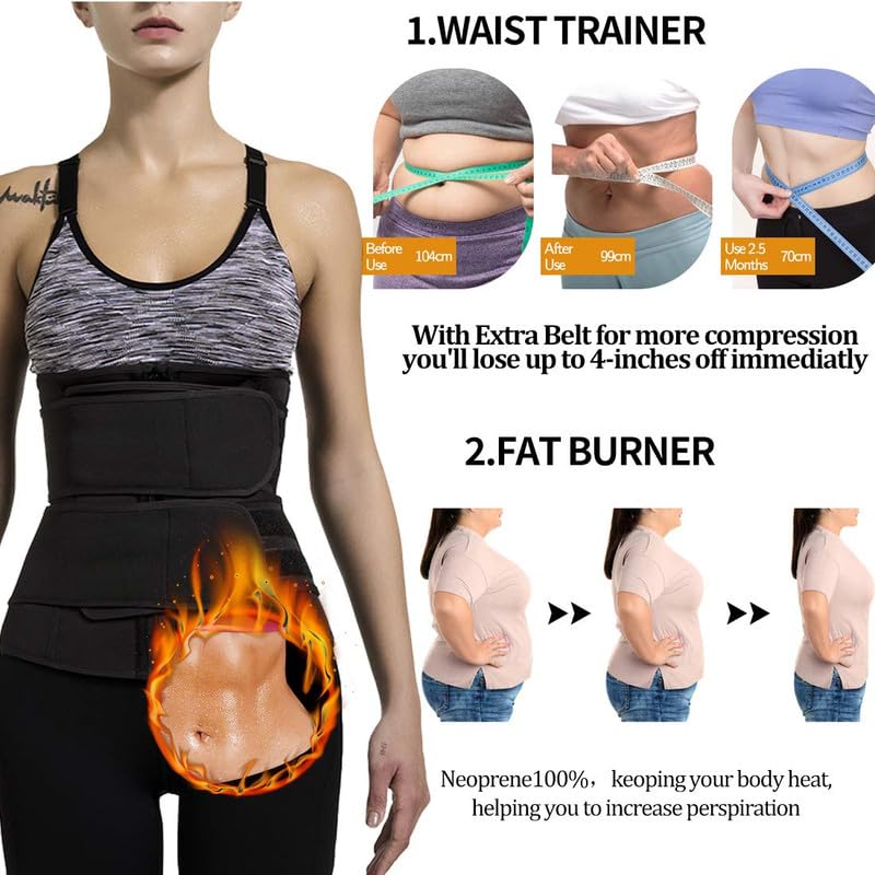 SHAPERIN Double Belt Waist Trainer for Women Neoprene Sweat Fitness Waist Cincher Body Shaper for Weight Loss Medium Black
