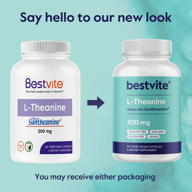 BESTVITE Double Strength Suntheanine L-Theanine 200mg – Patented & Clinically Studied – 120 Vegetarian Capsules (2 x 60) – Vegan – No Stearates – Non GMO – Gluten Free – Relaxation Support 120 Count (Pack of 1)