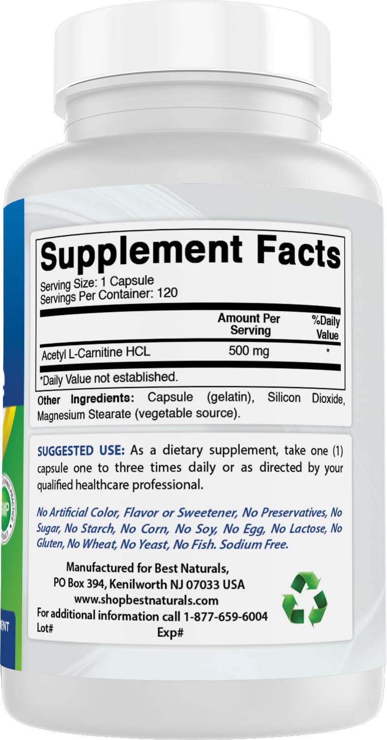 Best Naturals Acetyl L-Carnitine (ALCAR) 500mg, 120 Capsules, 120 Servings - Non-GMO and Gluten Free, 1 Capsule per Serving (3 Pack) 120 Count (Pack of 3)
