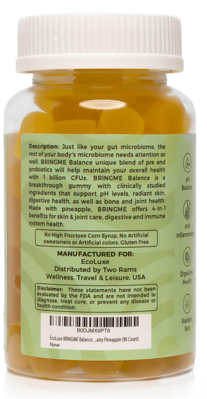 BRINGME Balance Pre & Probiotic Gummies – Pineapple, Collagen, Pre & Prebiotics for pH Balance, Gut & Skin Health, Digestive Wellness, and Natural Odor Control – Low Sugar, 90 Count