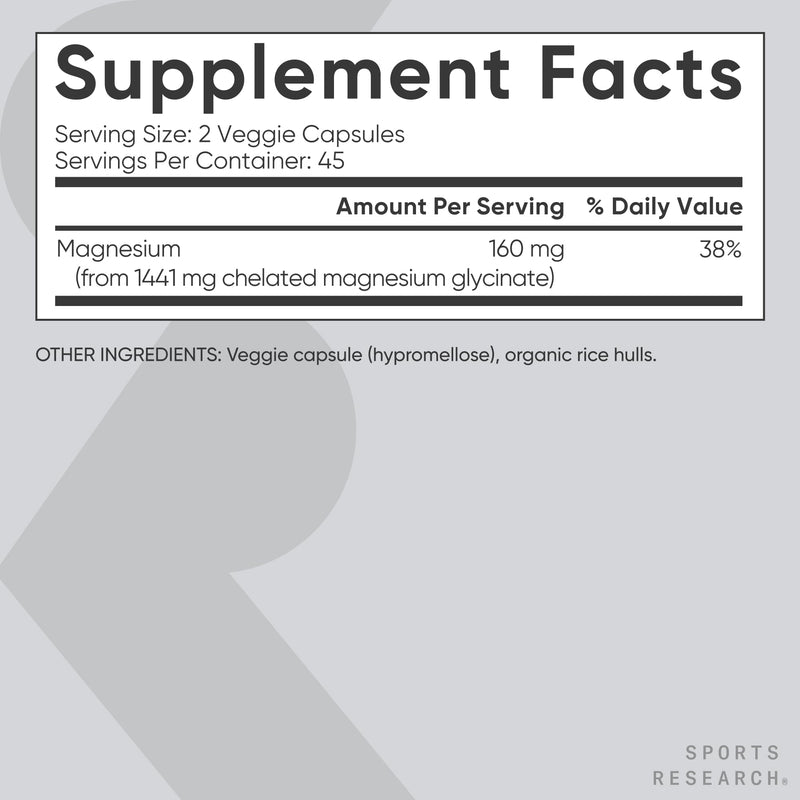 Sports Research¬Æ Magnesium Glycinate - Supports Restful Sleep & Enzymatic Processes - 160 mg Chelated Magnesium - Vegan Capsule - 90 Count 90 Count (Pack of 1) - BeesActive Australia