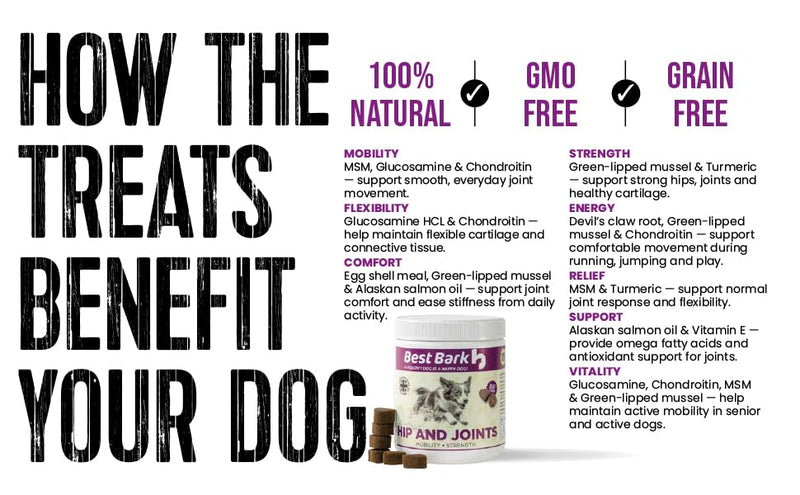 Hip & Joint Treats For Dogs - Stiffness, Strength, Mobility & Flexibility - Joint Supplement With Glucosamine, MSM, Chondroitin, GLM & Devils Claw - Perfect for Small, Medium & Large Dogs