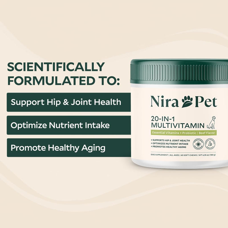 Nira Pet 20-in-1 Multivitamin for Dogs – Beef Flavor – 60 Soft Chews with Glucosamine, Probiotics, MSM, Turmeric & Salmon Oil – Joint, Skin, Coat & Digestive Support