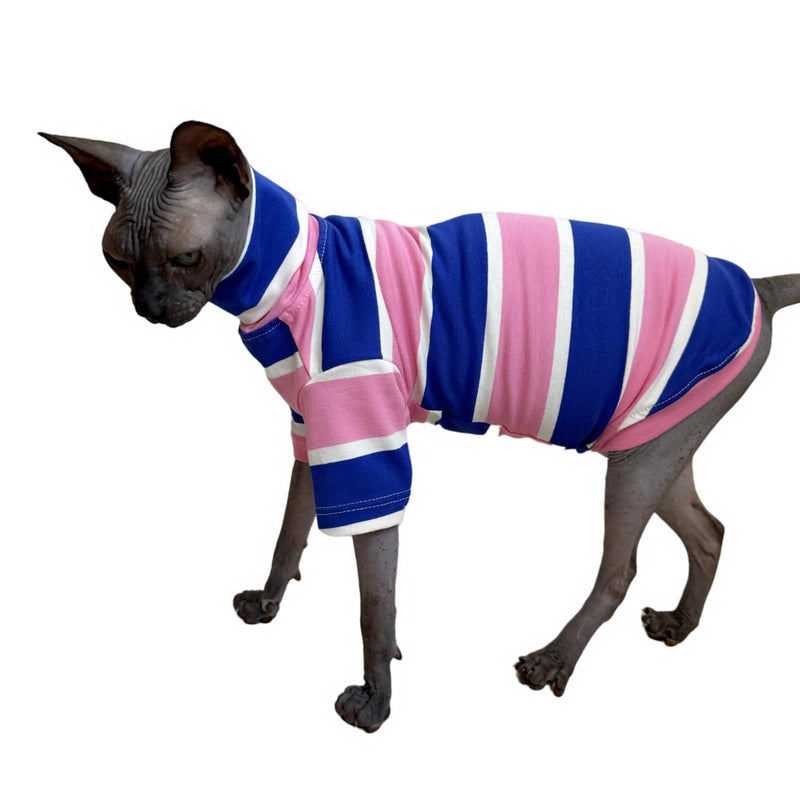 Vintage Stripes Sphynx Hairless Cats Shirt Cotton Cat Turtleneck Pet Clothes Kitten T-Shirts with Sleeves for Sphynx Cats (Wide Pink Blue Stripe, Large) Wide Pink Blue Stripe - BeesActive Australia