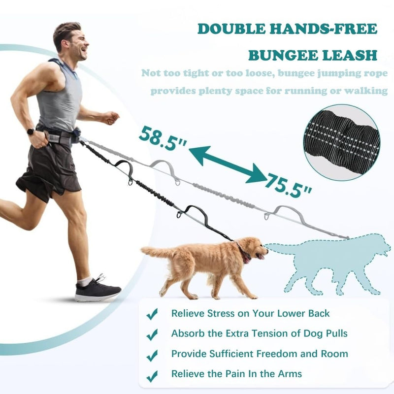 Hands Free Dog Leash with Pouch, Dual Attachment for Two Dogs, Retractable Bungee with Double Padded Handles, Waist-Mounted for Running,Walking, Jogging Friendly Dog Accessories (Black/Silver Gray) Black/Silver Gray
