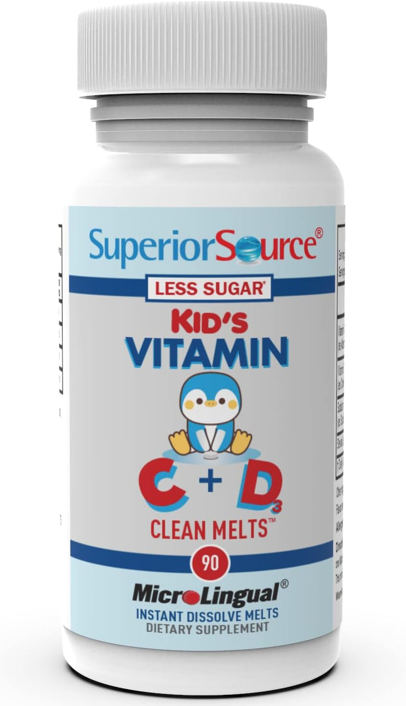 Superior Source Kid's Vitamin C & D3 Clean Melts - Immune Support Supplement for Children - Less Sugar - Non-GMO & Gluten-Free - 90 MicroLingual Instant-Dissolve Melts 30 mcg, 400 IU