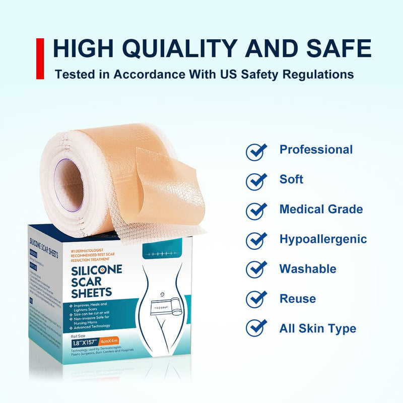 Silicone Scar Sheets Tape for Surgical Scars, C Section Scar Silicone Strips, Medical Grade, Reusable, Soften and Flattens Scars, Breast, Keloid, Professional Scar Patches. (1.8x157 Inch) 1.8x157 Inch