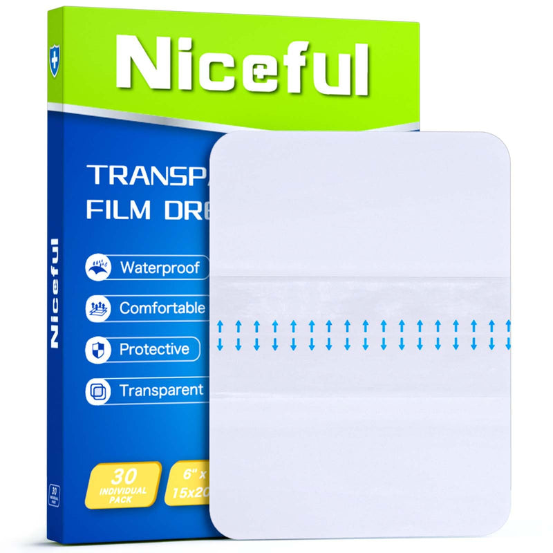 Niceful Transparent Film Dressing 30 Count-Clear Bandages for Wounds 6" x 8", Waterproof Adhesive Wound Cover Bandages for Post Surgical Shower or IV Shield, Scar Therapy, Tattoo Dressings 6 x 8 in - BeesActive Australia