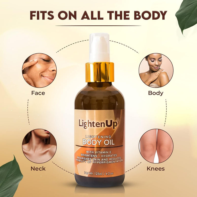 LightenUp, Skin Brightening Body Oil - 4.2 fl oz / 125 ml - Hyperpigmentation Body Seum, Dark Spot Remover, for Men and Women with Vitamin E, Shea Butter, Almond Oil Brightening Oil