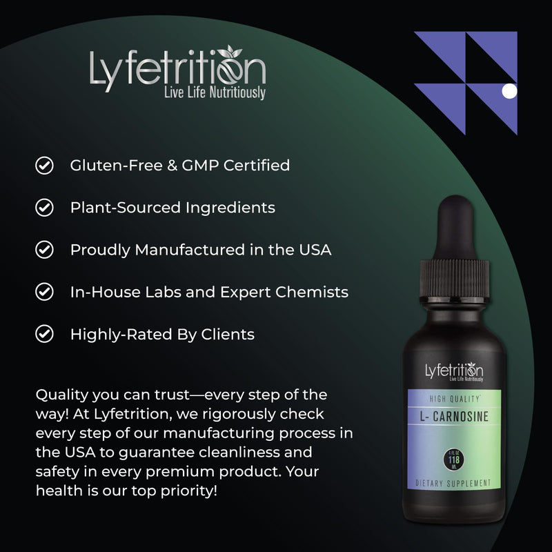 Lyfetrition L-Carnosine Liquid Supplement 118 ml, 4 FL Oz Liquid, 220 Servings, Made in USA, Quick Absorption, Potent Ingredients, Non-GMO
