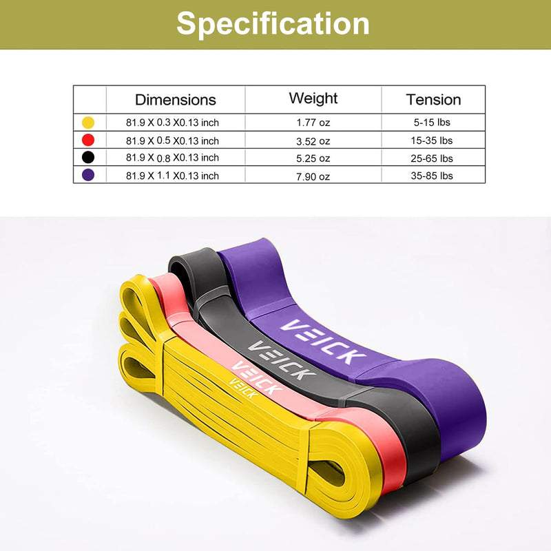 VEICK Resistance Bands for Working Out, Exercise Bands, Workout Bands, Pull Up Assistance Bands, Long Heavy Stretch Bands Set for Men and Women, Power Weight Gym at Home Fitness Equipment Purple/Black/Red/Yellow(0.3-1.1in) - BeesActive Australia