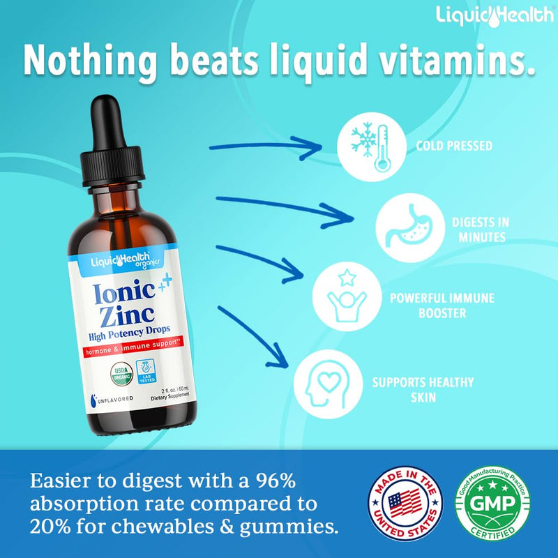 LIQUIDHEALTH USDA Organic Ionic Zinc High Potency Drops - Trace Mineral Liquid Vitamin Supplement for Adults & Kids - Immune & Digestive Support, Skin & Wound Health - USA Made, Vegan, Non-GMO (2 oz) 2 Fl Oz (Pack of 1)