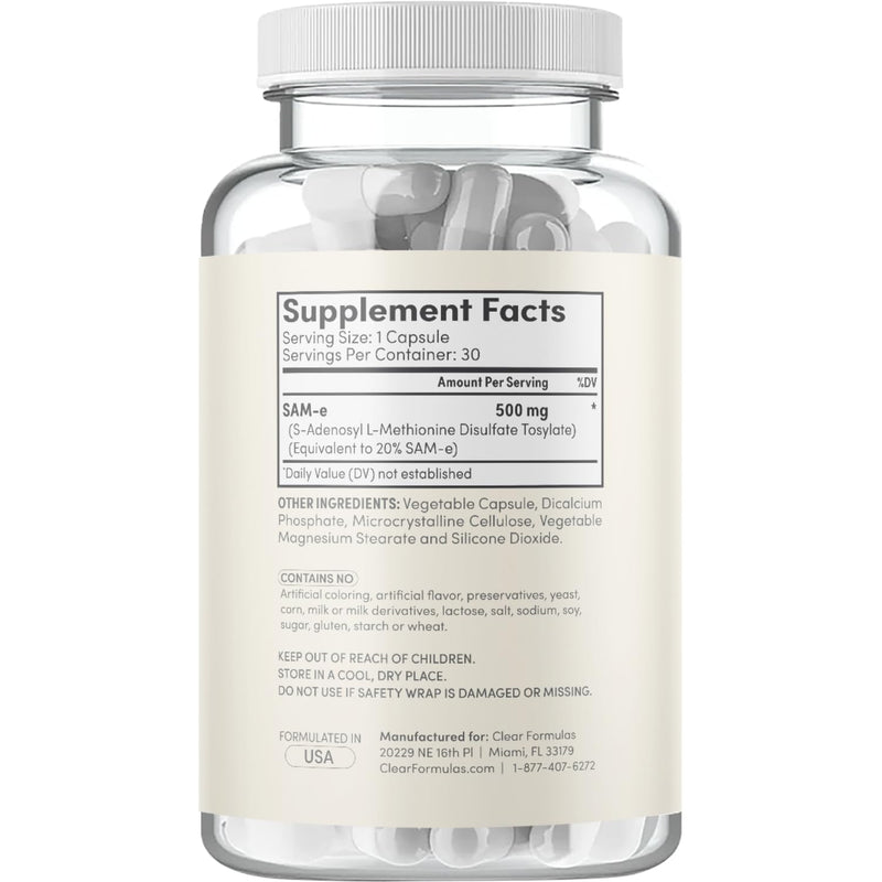 Clear Formulas Bioactive SAM-e 500mg - High Strength SAM-e Supplement with Biologically Active S,S Form for Liver and Mood Support - Vegan Non-GMO Preservative Free - Made in the US (30 Servings) 30 Count (Pack of 1)