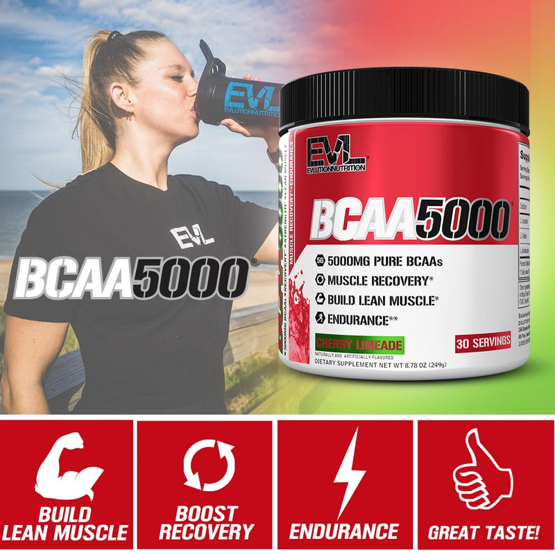 Evlution EVL BCAAs Amino Acids Powder - BCAA Powder Post Workout Recovery Drink and Stim Free Pre Workout Energy - 5g Branched Chain Amino Acids Supplement for Men - Cherry Limeade 30 Servings