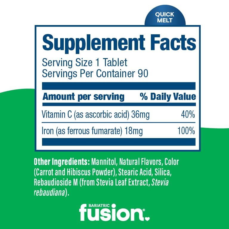 Bariatric Fusion Iron Supplement for Women Quick Melt | Sugar Free Dissolvable Chewable Iron Tablets | Ferrous Fumarate 18 mg Iron with Vitamin C | Melon Berry | Gluten, Dairy and Soy Free | 90 Count