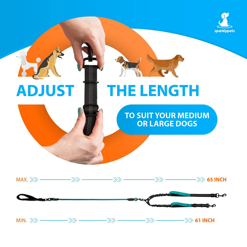 SparklyPets Double Dog Leash for 2 Dogs – Rope Bungee Dual Leash for Medium and Large Dogs with Padded Handles & Tangle Free (Teal, Medium/Large) Teal - BeesActive Australia