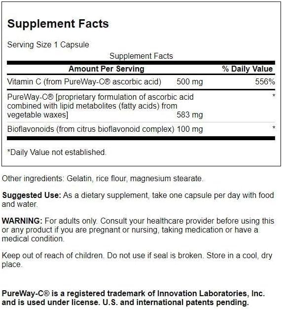 Swanson PureWay-Vitamin C 500 mg with Bioflavonoids, 90 Caps | A Unique Form of Vitamin C with Naturally Occurring Lipid Metabolites for Better Bioavailability and Immune Support