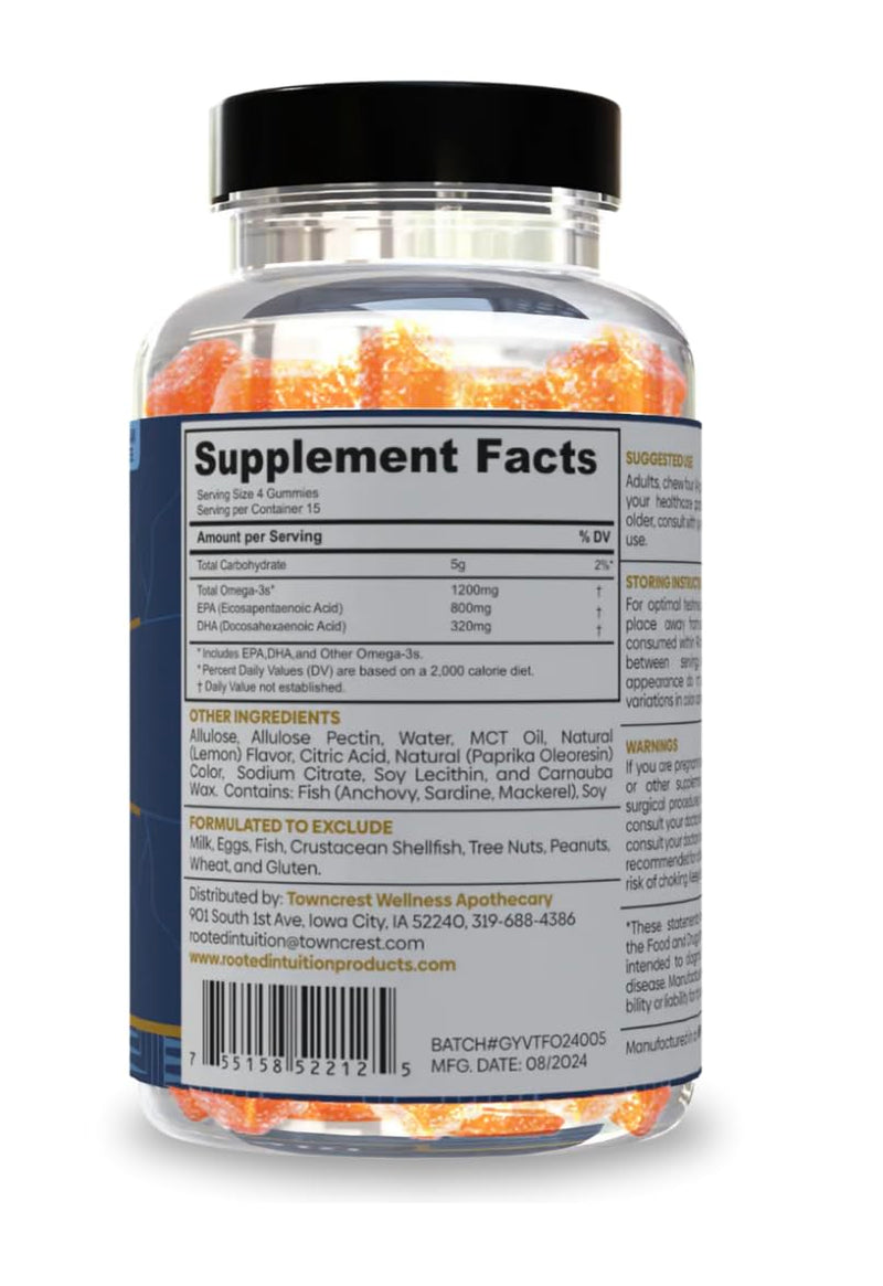Rooted Fish Oil Omega 3 Gummies for Adults Kids & Teens - DHA & EPA Gummies for Women & Men - Omega-3 Oil for Heart Brain Support - No Fishy Aftertaste - Orange Flavor - 60 Count