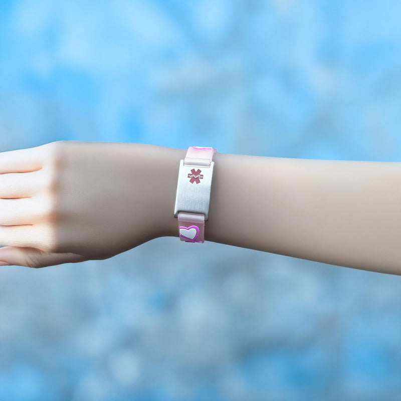 LinnaLove cartoon medical alert id bracelets Parents gift to Son, daughter, brother, sister PINK HEART type 1 diabetes