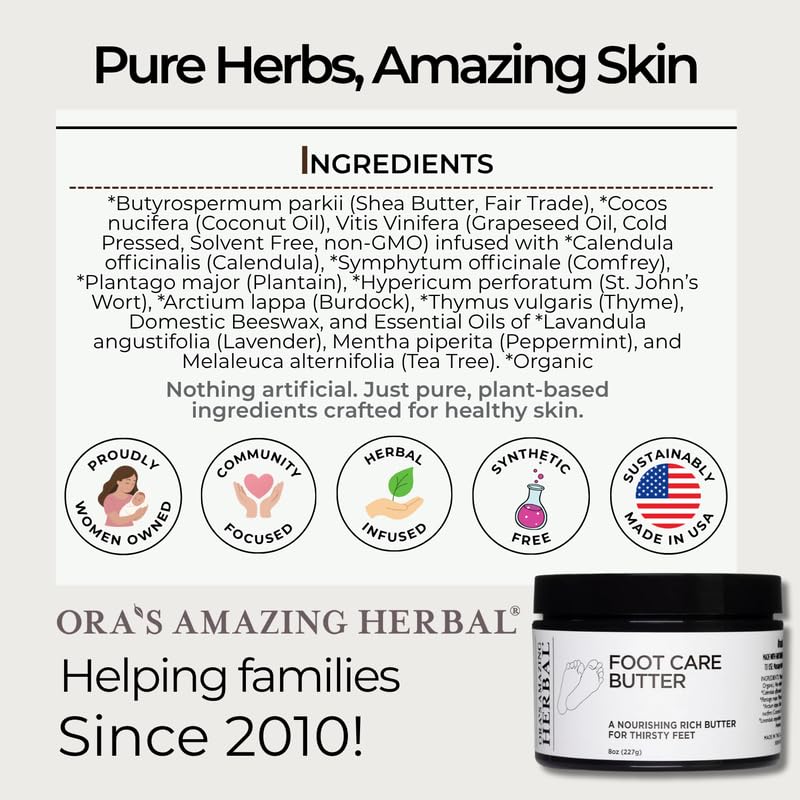 Ora's Amazing Herbal Foot Care Butter, Heel Balm, Foot Balm, Repair Cream for Dry Cracked Heels & Feet (8 oz) Tea Tree, Lavender, Peppermint 8 Ounce (Pack of 1) - BeesActive Australia