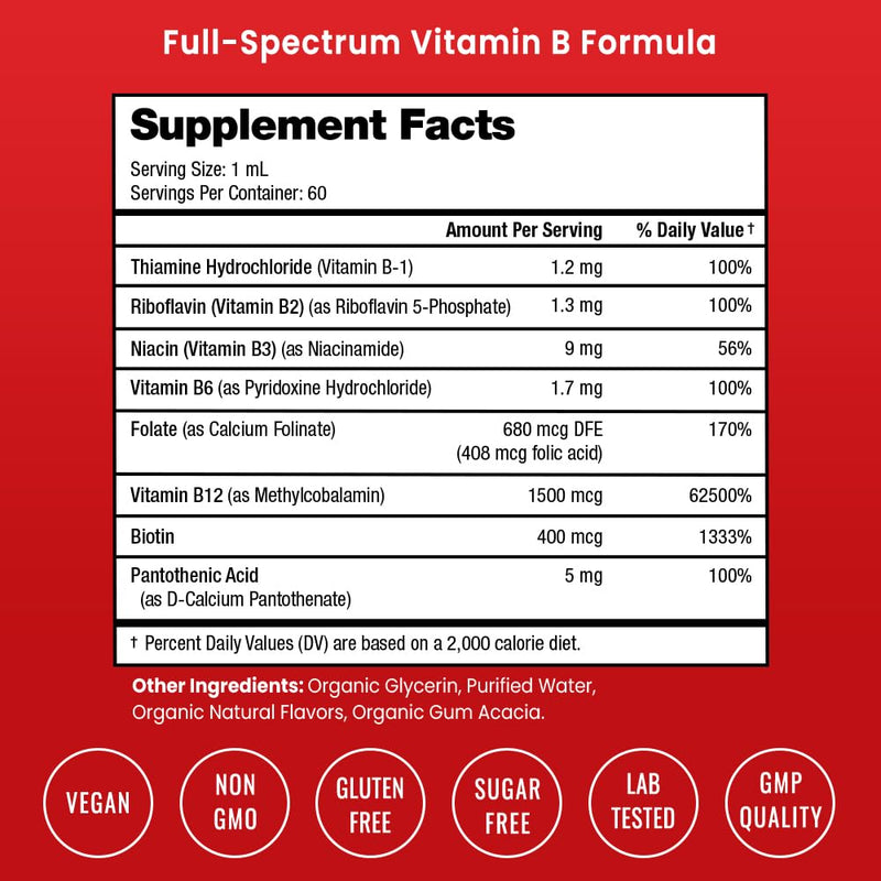 USDA Organic Vitamin B Complex Liquid Drops Sublingual B12 Methylcobalamin | B1, B2, B3, B5, B6, B7, B9 | Methylated B Vitamins Complex for Women & Men | Biotin, Niacinamide, Folate & Folic Acid, 2oz 2 Fl Oz (Pack of 1) Adults Drops