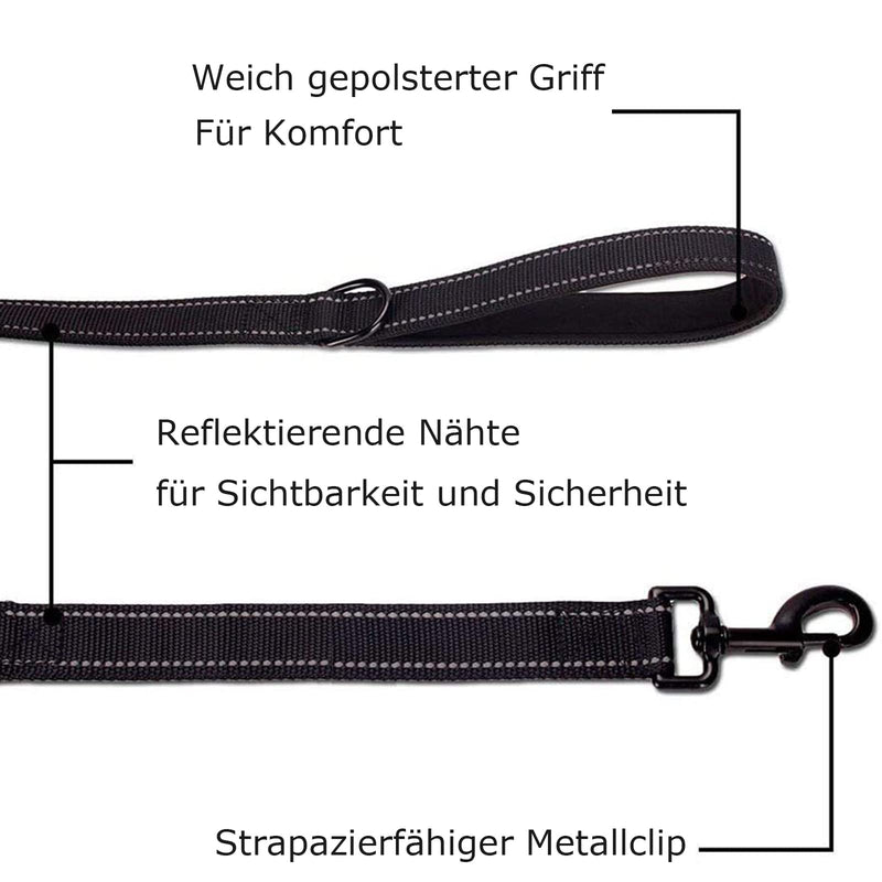 Dog leash for large and medium sized dogs with integrated short handle, reflective leash, 2 hand-friendly padded hand loops, 1.5 meter leash, highly reflective black - BeesActive Australia