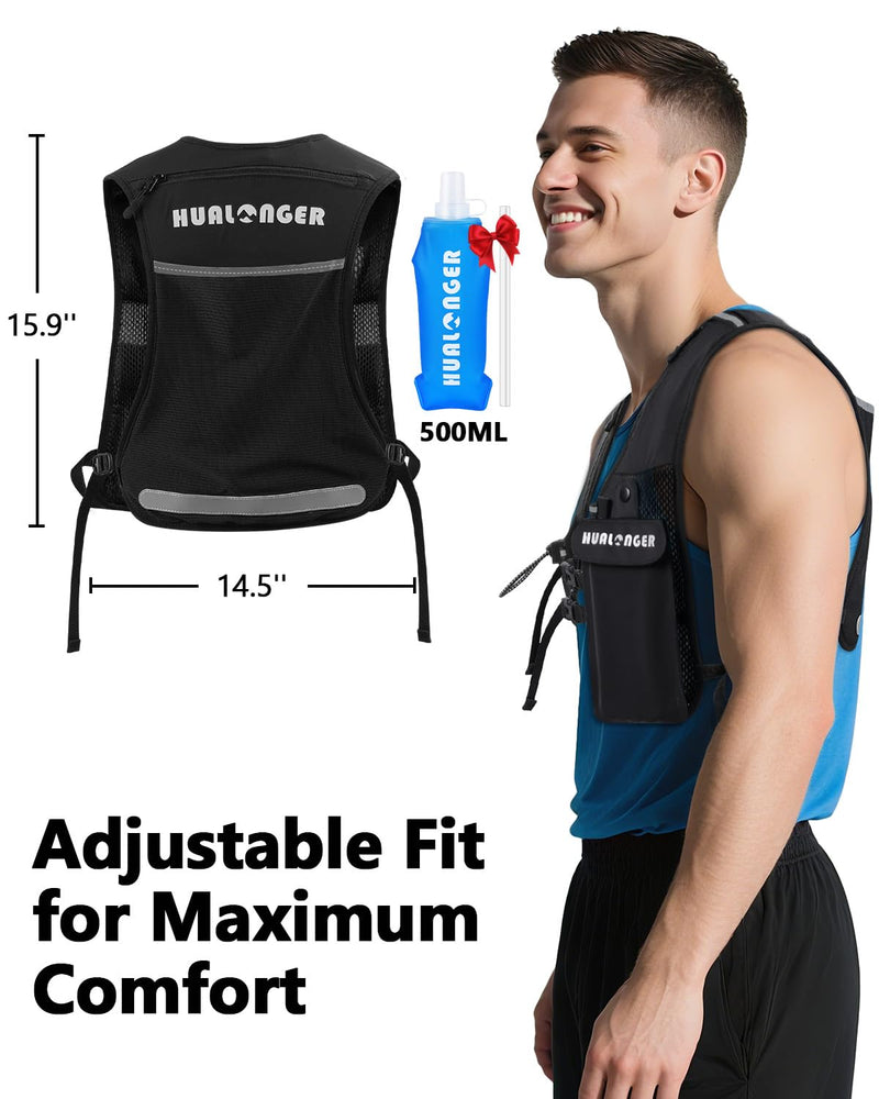 Running Hydration Vest for Women Men,Lightweight Breathable Hydration Pack with 500ml Soft Flask, Adjustable Chest Straps Reflective Backpack for Trail Running Marathon Race Jogging Cycling Black