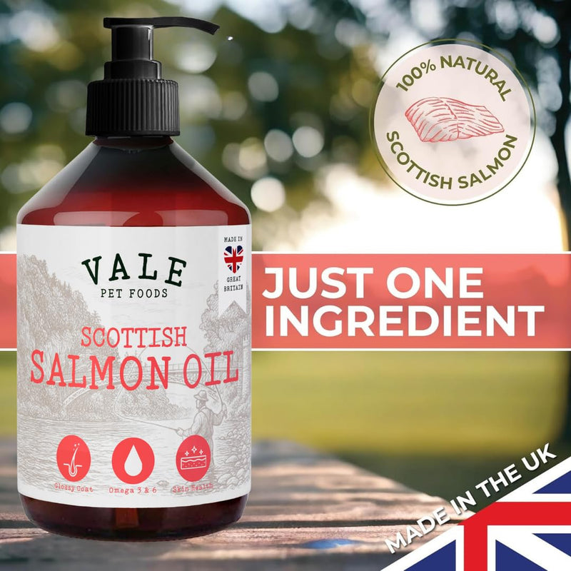 Vale Pet Foods Scottish Salmon Oil for Dogs & Cats UK - Omega 3 6 9 Supplement Dog Food Topper for Joints Skin, Coat, Heart Health & Natural Coat - Natural Fish Oil for Dogs, Puppy, 500ml