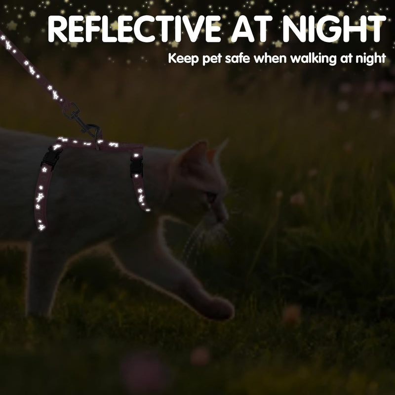 PAWCHIE Cat Harness with Leash and Collar Set - Escape Proof Adjustable H-shped Cat Harness with Star and Moon Pattern Glow in The Dark for Kitty Outdoor Walking Pink - BeesActive Australia