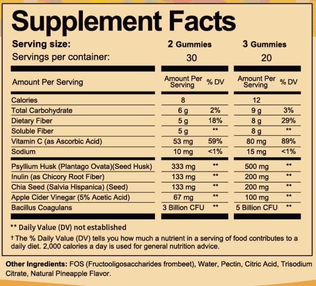 Totaria Probiotic Fiber Gummies, Pineapple Flavor | Fiber Supplement with Psyllium Husk, Bacillus Coagulans, Apple Cider Vinegar, Inulin, FOS, 60 Gummies 60 Count (Pack of 1)