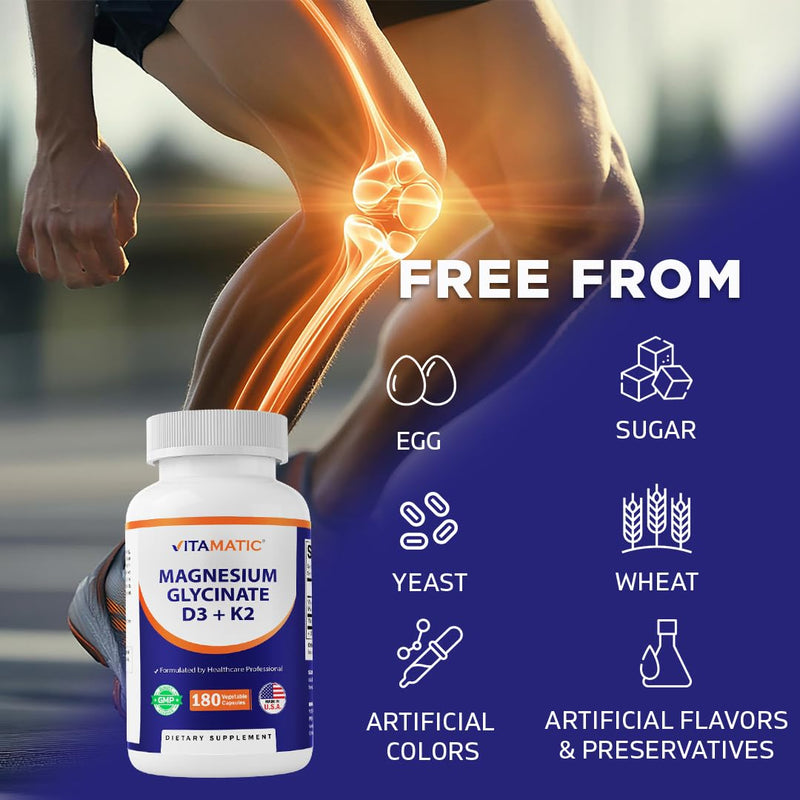 Vitamatic Magnesium Glycinate 200 mg (Elemental) with Vitamin D3 5000 IU & K2 200 mcg – High Absorption Bone, Muscle & Heart Support – 180 Veg Capsules – Non-GMO – Made in USA