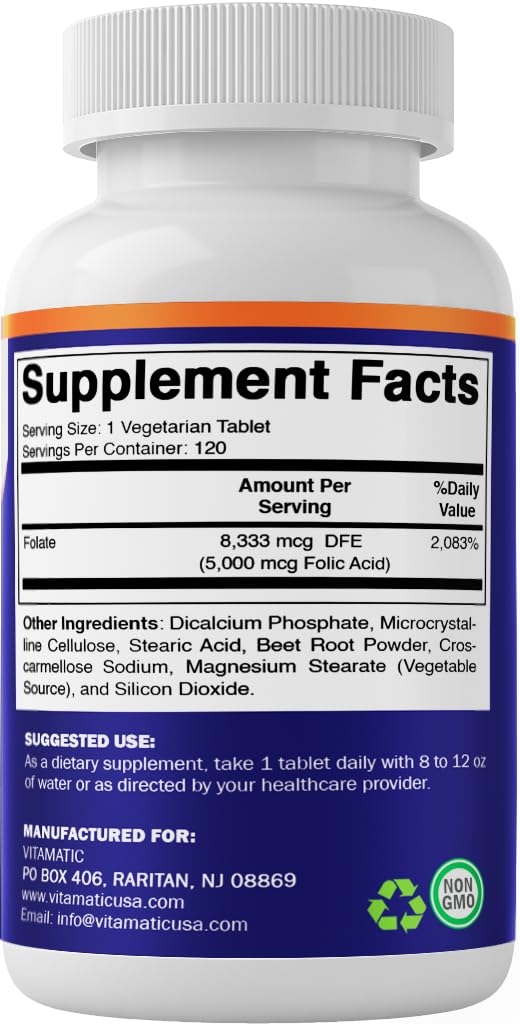 Vitamatic Folic Acid 5 mg (5,000 mcg), 120 Vegetarian Tablets (2 Pack) | 8,333 mcg DFE Foalte, Support Red Blood Cell Formation*, Heart & Nervous System Health*, Non GMO, Gluten Free, Made in USA 120 Count (Pack of 2)