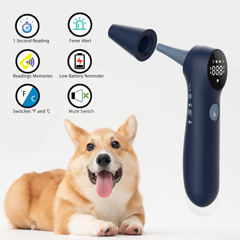 Non-Contact Dog Ear Thermometer - Rapid Measurement - Includes 20 Pet Swabs - Ear Thermometer for Dogs, Cats, Rabbits (Blue) - BeesActive Australia