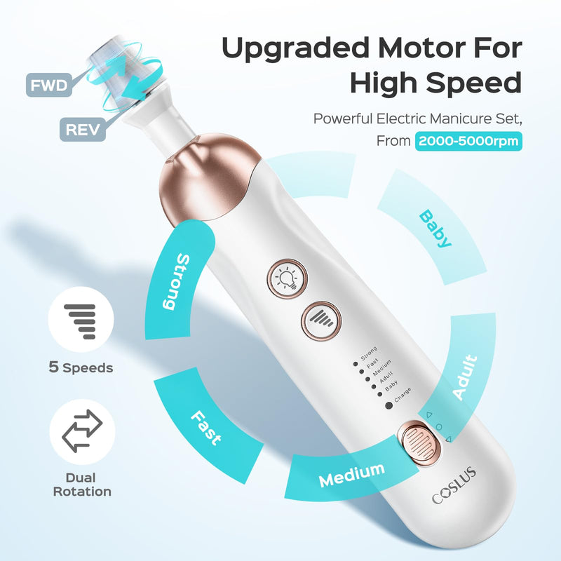COSLUS C30 Professional Manicure Pedicure Kit: 5 in 1 Electric Nail File Set Toenail Grinder, 5 Speed Cordless Nail Drill for Thick Nail Toenail Cuticle, Hand Feet Trimmer Buffer for Women Men Baby Bright White - BeesActive Australia