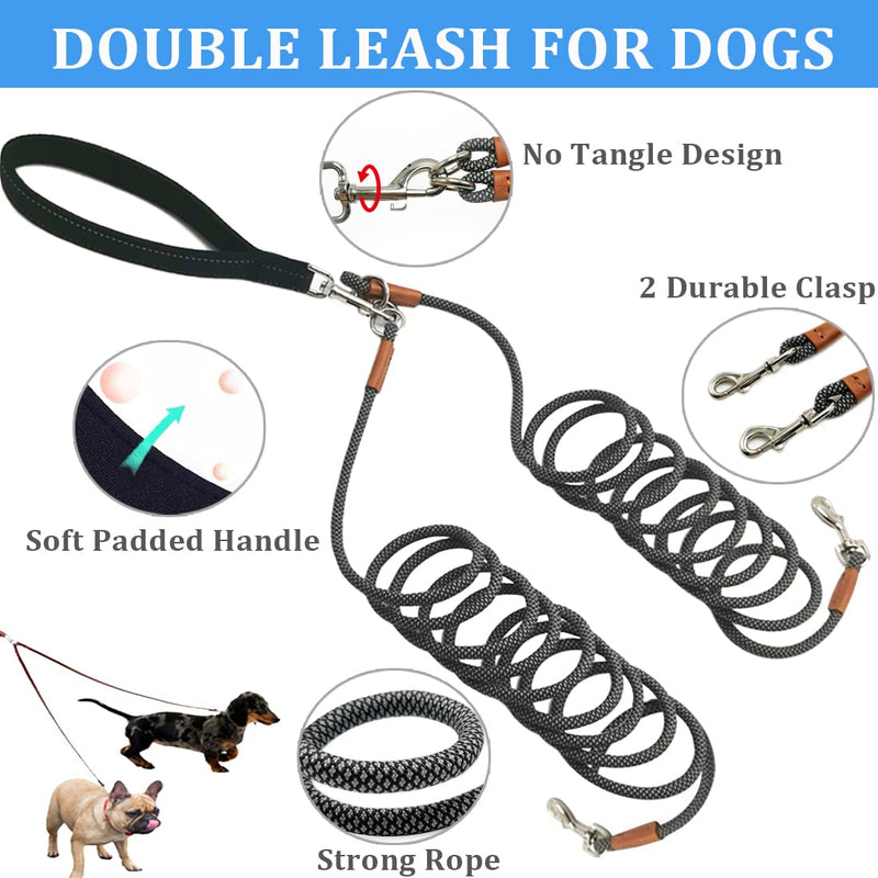 8 FT Double Dog Leash, 2 Way Mulitiple Dog Leash Detachable No Tangle with Soft Padded Handle, 1/4" Rope Dual Dog Leash for 2 Dogs Outdoor Walking (Black Grey) 8ft* 1/4" black grey - BeesActive Australia
