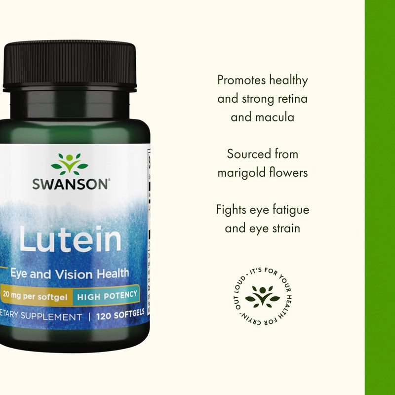 Swanson Lutein Eye Health Supplement, 20 mg, 120 Softgels | Sourced from Marigold Flowers, Promotes a Healthy Retina and Macula and Helps Fight Eye Fatigue and Eye Strain 120 Count (Pack of 1)