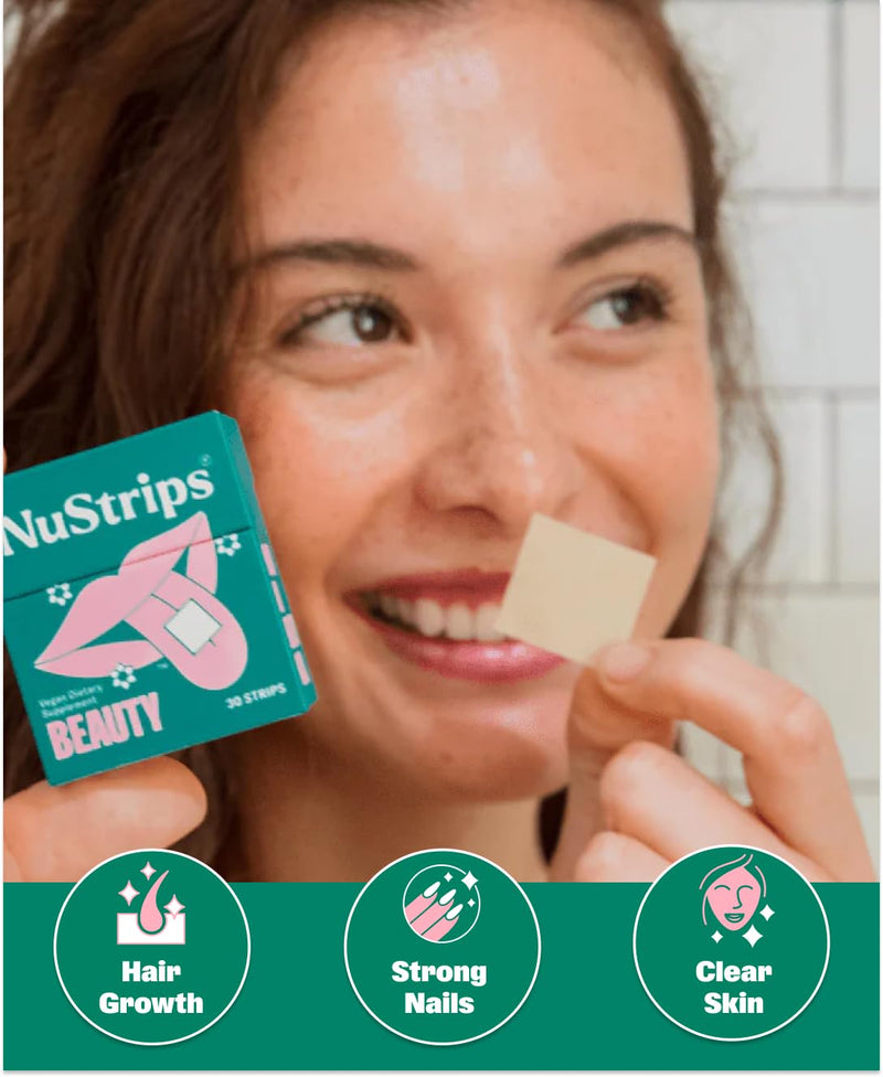 NuStrips™ Fast-Dissolving Beauty Strips with Biotin, Folate & Vitamin E – Hair, Skin & Nails Supplement – Supports Hair Growth & Reduces Hair Fall – Non-GMO, Vegan – Delicious Strawberry (30 Strips)