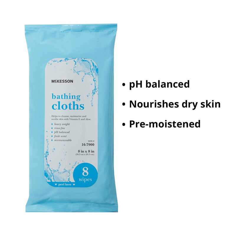 McKesson Bathing Cloth with Aloe & Vitamin E No Rinse Shower &, 8 Wipes | Disposable Washcloths, pH Balanced, Fresh Scent, Singe Use Shower Wipes, Purified Water