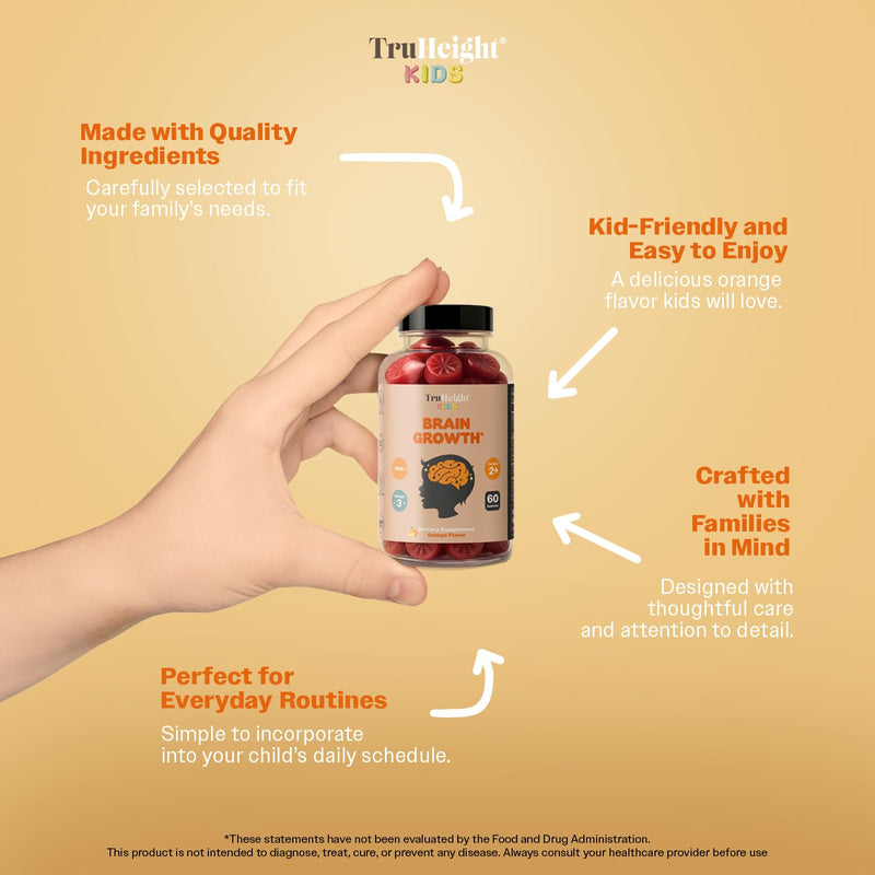TruHeight Kids Brain Growth Gummies (Orange, Ages 2+) All Natural Kids & Teens Vitamins - Omega 3 Gummies Supports Brain Growth, Mental Clarity, Focus, Eye Health, Memory Supplements, DHA Multivitamin 60 Count (Pack of 3)