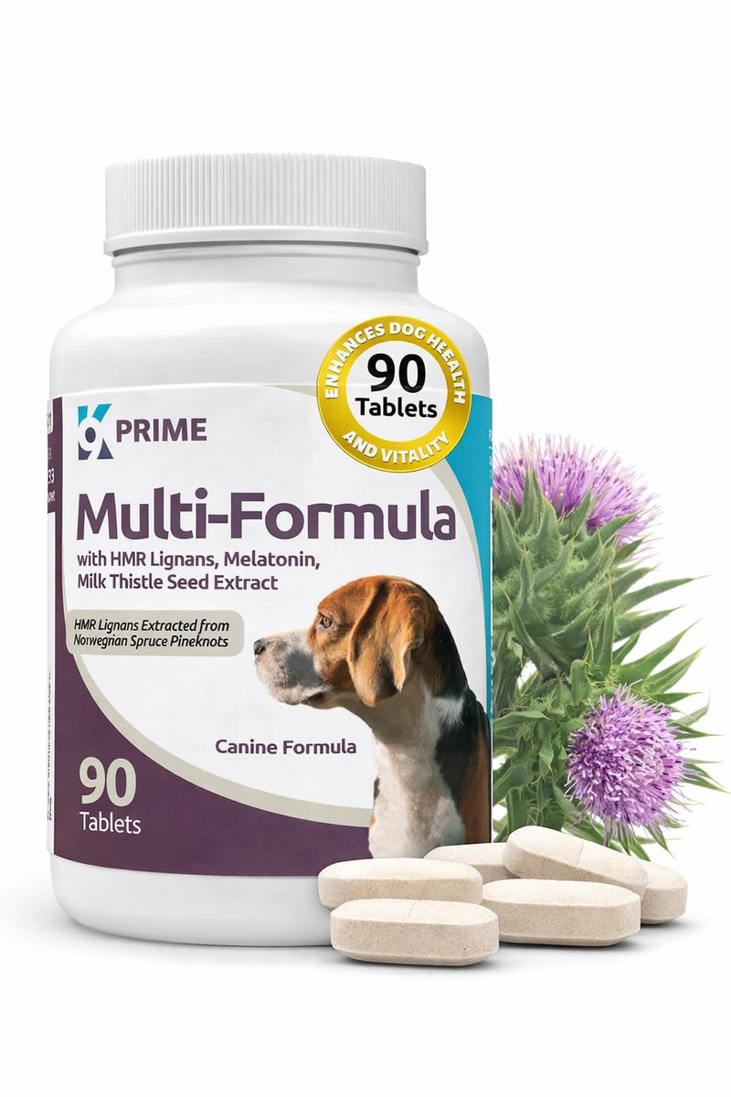 Prime HMR Lignans for Dogs - Multi-Formula Dog Vitamins for Medium Dogs - 20mg HMR Lignans, 2mg Melatonin, Milk Thistle - Helps Heart, Liver, Digestion Health, 90 Capsules