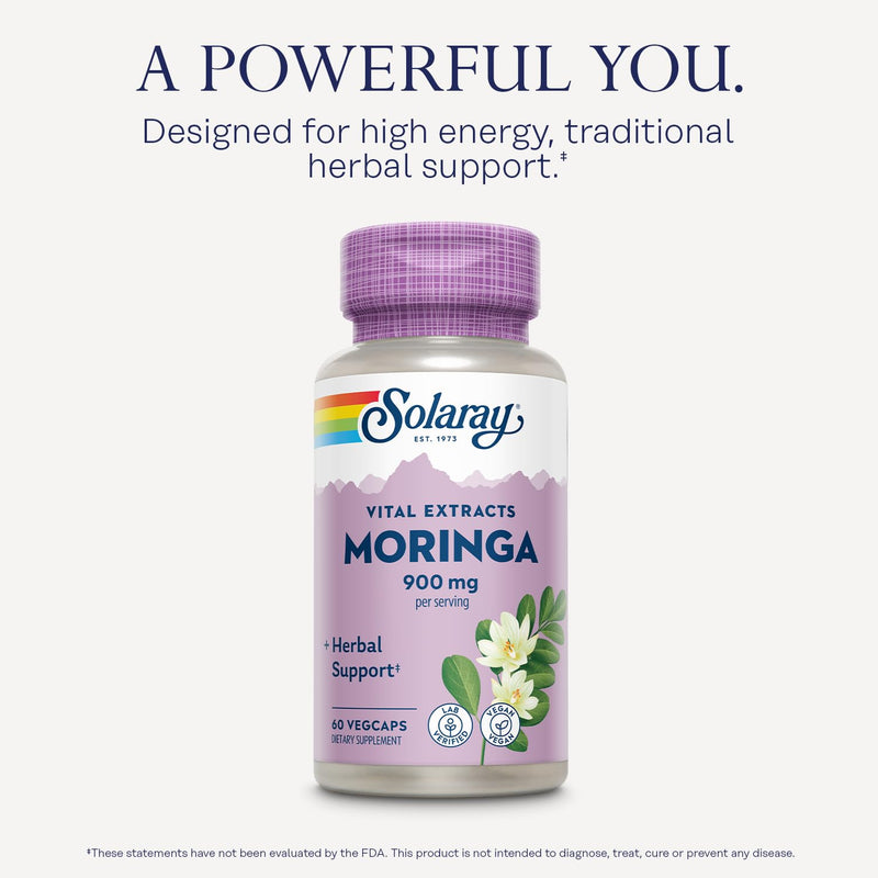 SOLARAY Moringa Capsules 900 mg - Moringa Supplement with 135 mg Saponins - Herbal Support w/Naturally Occurring Vitamins, Minerals, Amino Acids, Vegan, 60-Day Guarantee, 30 Serv, 60 VegCaps