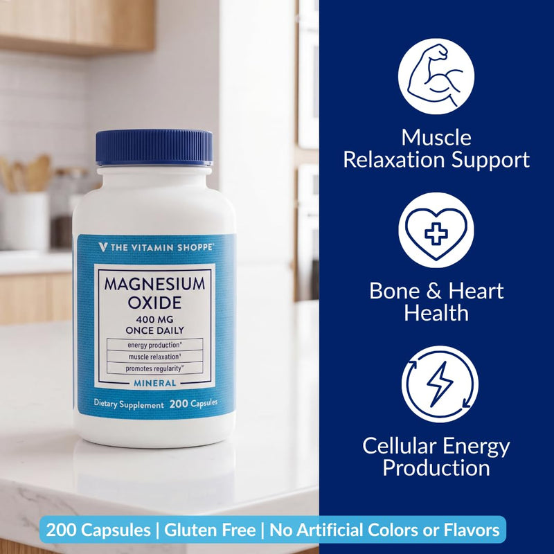 The Vitamin Shoppe Brand Magnesium Oxide 400 mg, Bone Support, 200 Count | Daily Magnesium Mineral for Muscle Relaxation, Bone Health & Energy Production Support for Men & Women, Dairy & Gluten Free