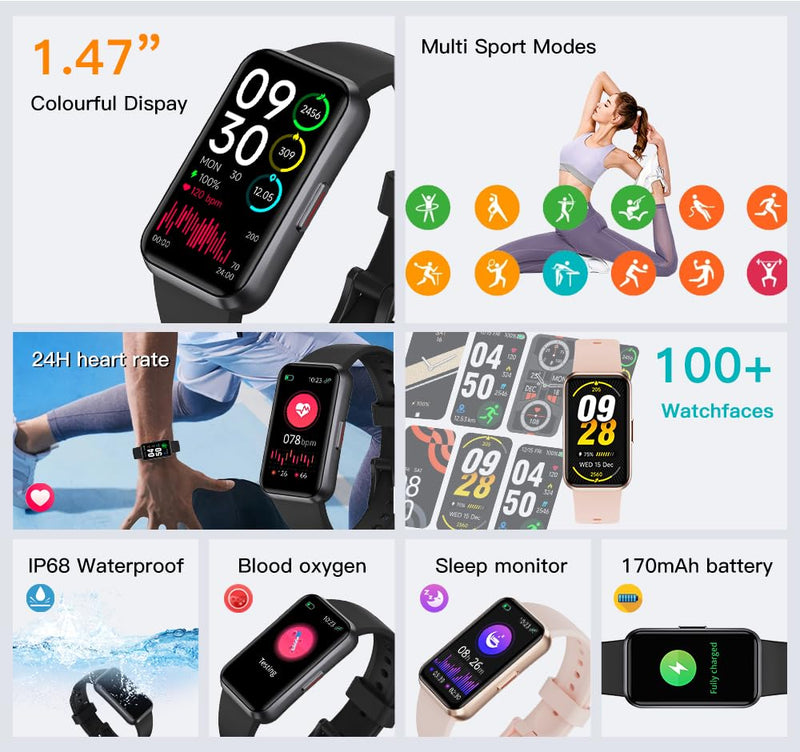 Fitness Trackers,Blood Oxygen Heart Rate Sleep Monitor,1.47‘’ OLED Display,Smart Band 24/7 Health Monitoring,Calorie Pedometer Steps Counter Activity watchs/Notifications(Black) Black