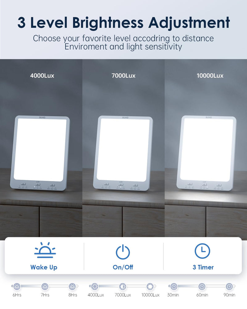 SUXIO Light Therapy Lamp Rechargeable, 10000 Lux Sunlight Lamp, with Wake-Up Function, Daylight Memory Happy Use As Lift-Mood, Box for Home/Office, White - BeesActive Australia