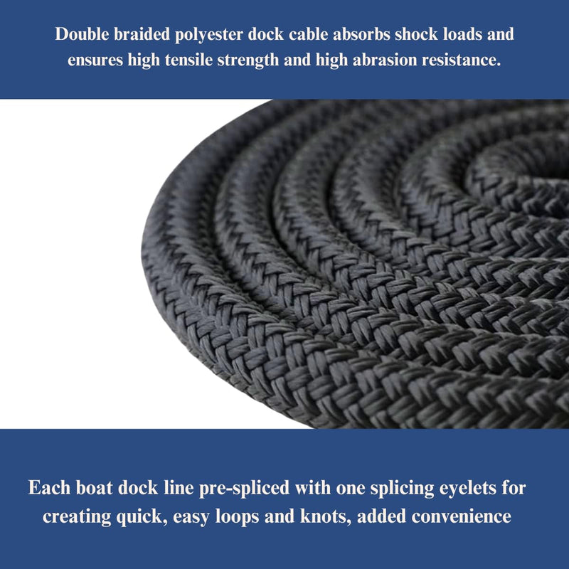 Dock Lines Boat Rope, Double Braided,1/2 inch Diameter, 15 Feet Long, with 12 inch Splicing Eyelets, for Mooring Small to Medium Sized Boats up to 35 Feet. (Black, 1/2" x 15', 2 Pack) 1/2" x 15'（2 Pack） Black